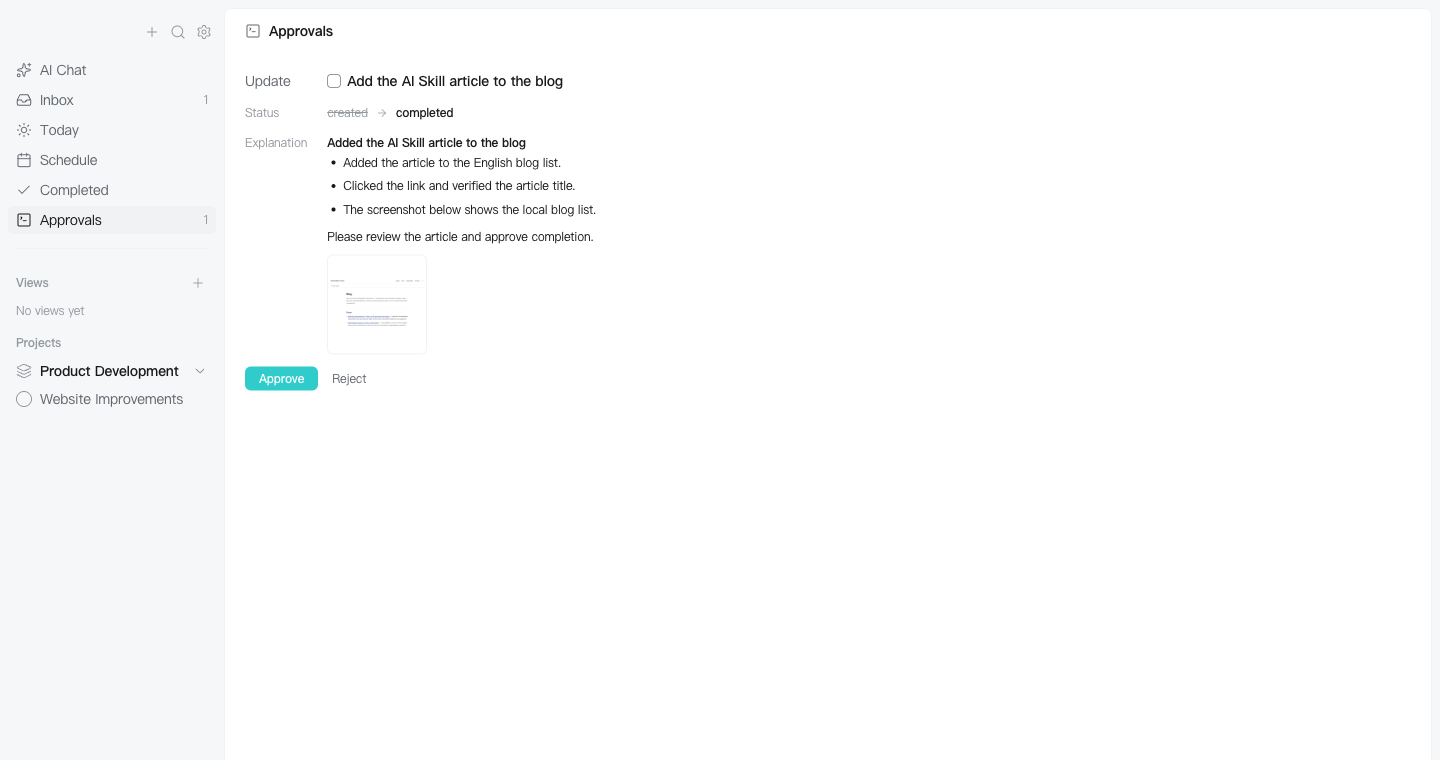 A completion request with verification notes, a screenshot, and Approve and Reject buttons