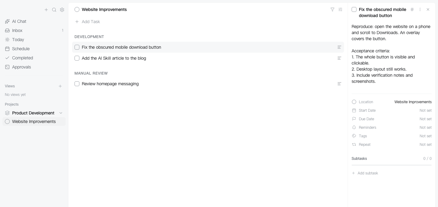 Task details show reproduction steps, acceptance criteria, and the Copy ID button